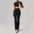 Black crop top and flared yoga pants set with white shoulder bag for women active fitness wear. - S / Top And Bottom / Black
