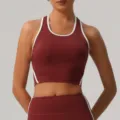 Ensemble soutien-gorge de sport et pantalon de yoga pour femme, haut bordeaux bordé de blanc. - S / Rouge Cerise