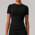 Top deportivo de yoga negro ajustado de manga corta con cuello redondo para mujer fitness - XL / Negro
