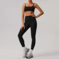 Seamless black sports bra and high waist yoga leggings set for women, breathable fitness gym wear. - S / Top And Bottom / Black