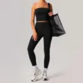 Completo yoga nero senza spalline crop top e leggings a vita alta per allenamento fitness - Nero (top a fascia e pantaloni)