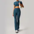 Teal yoga set including crop top and high waist flared pants for women fitness and workout. - S / Top And Bottom / Badge Blue