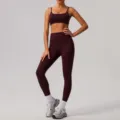 Women's solid color naked feel yoga set fitness activewear high waist workout leggings outfit - S / Top And Bottom / Cherry Red