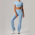 Light Blue Yoga Outfit Set Short Sleeve Crop Top High Waist Flare Pants Activewear - S / Top And Bottom / Fog Blue