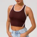 Femme bordure contraste dos nageur sport crop top coupe ajustee fitness yoga debardeur - S / Brun Chocolat