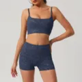 Conjunto de yoga para mujer estampado con foil top corto de fitness y shorts tiro alto - L / Conjuntos / Azul marino