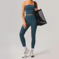 Set yoga senza cuciture ad asciugatura rapida da donna, top a fascia e leggings a vita alta. - Blu notte (bandeau e pantaloni)