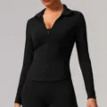 Schwarze Damen Langarm Sportjacke mit Reißverschluss, schmale Passform Yoga Oberteil Variante - XL / Oberteile / Schwarz
