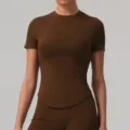Camiseta deportiva corta ajustada marrón para mujer top de fitness yoga running - XL / Café Oscuro
