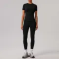 Black short sleeve yoga top and leggings set, seamless tight fitness athletic sportswear. - S / Top And Bottom / Black