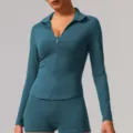 Damen teal langarm mit reißverschluss sportjacke und shorts set, slim fit fitness yoga anzug. - XL / Oberteile / Abzeichen Blau