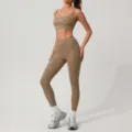 Khaki bronzing activewear set, women sports bra and high waist leggings for fitness running. - S / Set / Mocha Brown