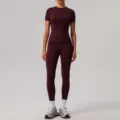 Women seamless yoga set short sleeve top tight fitness pants solid color athletic sportswear - S / Top And Bottom / Cherry Red