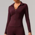 Damen Langarm Sportjacke Mit Stehkragen Und Reißverschluss Yoga Fitness Oberteil Weinrot - XL / Oberteile / Kirschrot