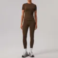 Women solid color tight nude feeling yoga set breathable fitness sportswear running outfit - S / Top And Bottom / Dark Coffee