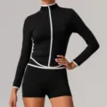 Women contrast trim long sleeve zip athletic top matching shorts activewear set yoga outfit - XL (Recommended 62.5-67.5kg) / Top And Bottom / Black