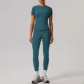 Solid color short sleeve yoga set athletic gym workout activewear for women variant - S / Top And Bottom / Badge Blue