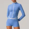 Light blue long sleeve athletic yoga set with white trim, activewear active two-piece outfit. - XL (Recommended 62.5-67.5kg) / Top And Bottom / Bright Blue