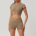 Silver foil activewear set with short sleeve crop top and high waist fitness shorts for women - S / Set / Mocha Brown
