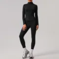 Solid color long sleeve zip athletic jacket and tight leggings yoga set for women sports wear. - S / Top And Bottom / Black