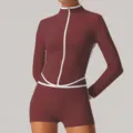 Women Long Sleeve Athletic Zip Set Burgundy Yoga Fitness Sportswear with White Piping - XL (Recommended 62.5-67.5kg) / Top And Bottom / Vinegar Purple