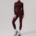 Maroon zip-up long sleeve yoga jacket and leggings activewear set for women fitness running. - S / Top And Bottom / Cherry Red