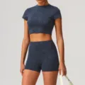 Women seamless foil printed yoga crop top and high waist shorts activewear fitness workout set. - S / Set / Dark Blue