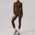 Brown seamless activewear set zip jacket leggings yoga sportswear gym workout fitness for women - S / Top And Bottom / Dark Coffee