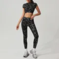 Women silver foil print athletic yoga set short sleeve crop top and high waist leggings. - S / Set / Premium Black