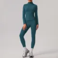 Women yoga set long sleeve zip jacket high waist leggings fitness activewear sportswear - S / Top And Bottom / Badge Blue