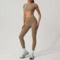 Stylish silver foil print crop top and high waist yoga leggings activewear set for women. - S / Set / Mocha Brown