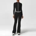 Women's black athletic yoga set with contrast white piping zip jacket and flared pants - XL (Recommended 125-135 Jin) / Top And Bottom / Jacket And Flare Pants / Black