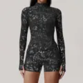 Women's metallic silver printed activewear set long sleeve zip jacket and shorts - XL / Set / Premium Black
