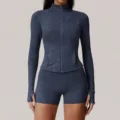 Women's long sleeve full zip yoga jacket and matching shorts set with foil print athletic wear. - S / Set / Dark Blue