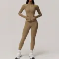 Khaki silver stamped long sleeve activewear set yoga gym tracksuit for women variant style. - S / Set / Mocha Brown
