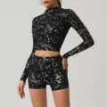 Black silver foil long sleeve crop top and shorts fitness workout yoga set for women. - M / Set / Premium Black