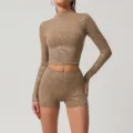 Women's long sleeve silver foil yoga set activewear crop top and high waist shorts fitness - S / Set / Mocha Brown