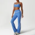 Women athletic yoga set two piece flared pants sports bra activewear fitness workout gym outfit - XL / Top And Bottom / Bright Blue