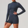 Women's long sleeve foil print yoga activewear set for fitness and running workout. - S / Set / Dark Blue