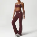 Maroon contrast trim yoga set, high-waist flared pants and sports bra for fitness. - XL / Top And Bottom / Vinegar Purple