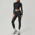 Women Silver Foil Print Long Sleeve Crop Top and Leggings Yoga Fitness Athletic Set - S / Set / Premium Black