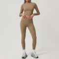 Silver foil long sleeve yoga crop top and high waist leggings fitness activewear set. - S / Set / Mocha Brown