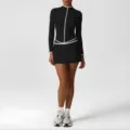 Women black athletic long sleeve top and mini skirt set with white zip and contrast piping. - XL / Top And Bottom / Black