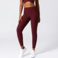 Damen hohe Taille gerippte Sport Leggings weinrot Fitness Yoga Hose Sportbekleidung - S / Dunkelrot