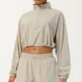 Ensemble de sport court demi-zip d'été avec col montant et pantalon à cordon pour femmes. - S / Haut et Bas / Khaki Clair