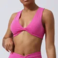 Soutien-gorge de sport rose croisé devant pour femme fitness yoga crop top rembourré - XL / Rose litchi
