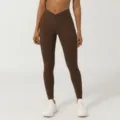Leggings de yoga cintura cruzada para mujer pantalones deportivos fitness marrones largos - XXL (Recomendado 65-70 kg) / Café