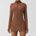 Body de yoga acanalado marrón de manga larga con media cremallera para fitness. - XL / Vestidos / Café Té