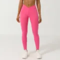 Mallas de yoga de cintura alta cruzada en V rosa sin costuras, pantalones deportivos push-up. - XXL (Recomendado 65-70 kg) / Pitaya Roja
