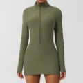 Mono de yoga de canalé de manga larga con cremallera para mujer vestido deportivo - XL / Vestidos / Verde Militar